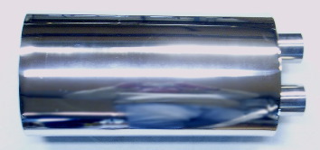 Bild oval rostfri ljuddämpare med rör in och ut i samma gavel